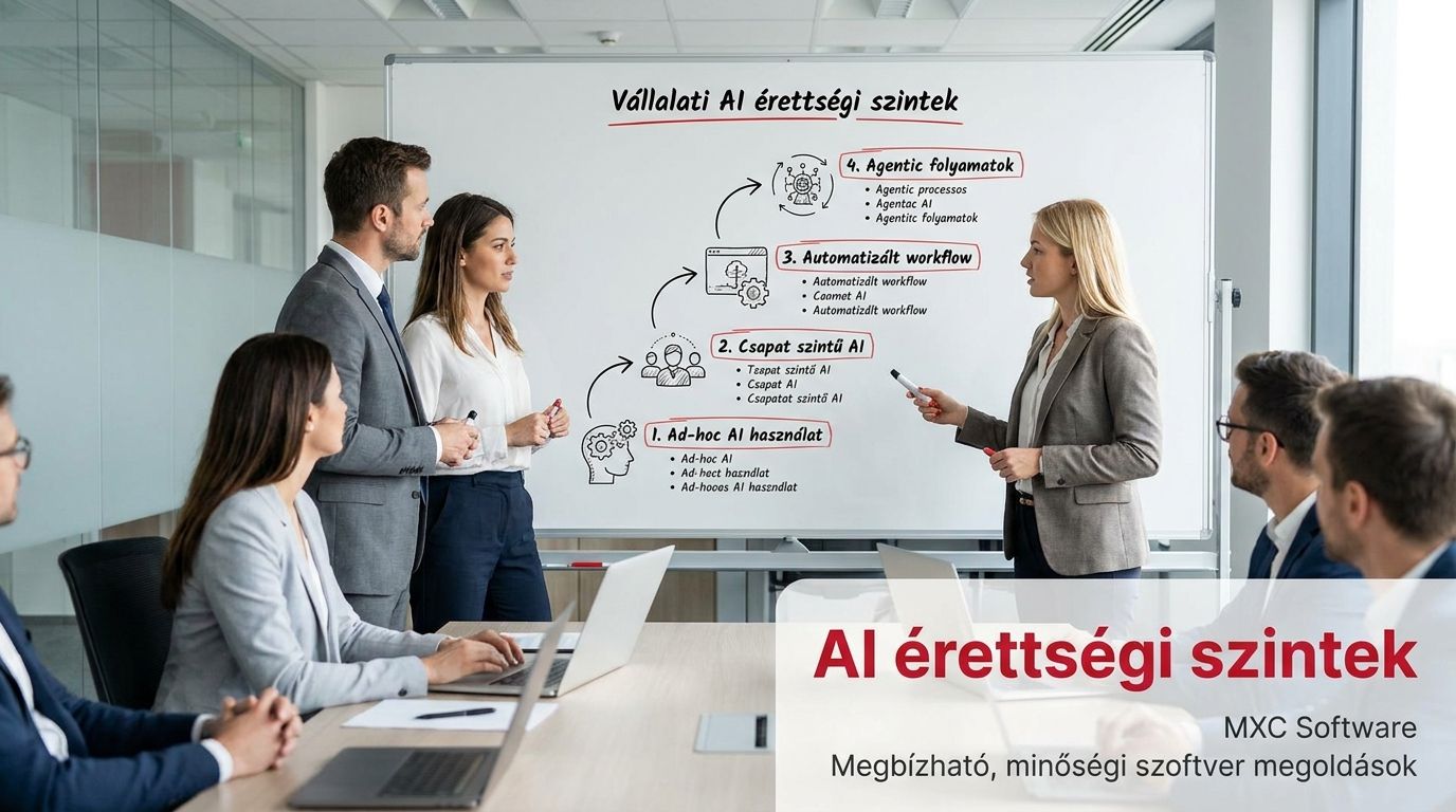 Whiteboardon felrajzolt vállalati AI érettségi szintek