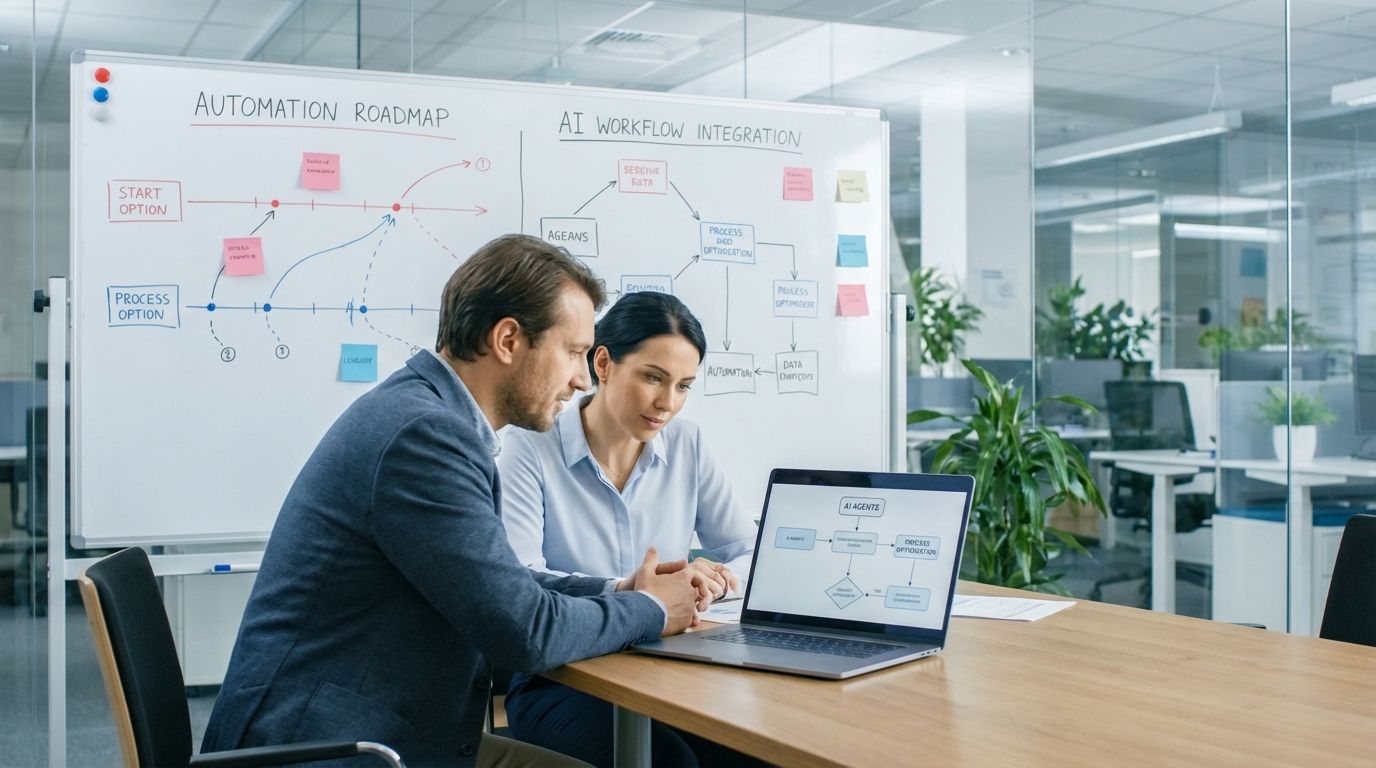 Cégvezető és CTO automatizációs és AI roadmapet néz egy irodai környezetben