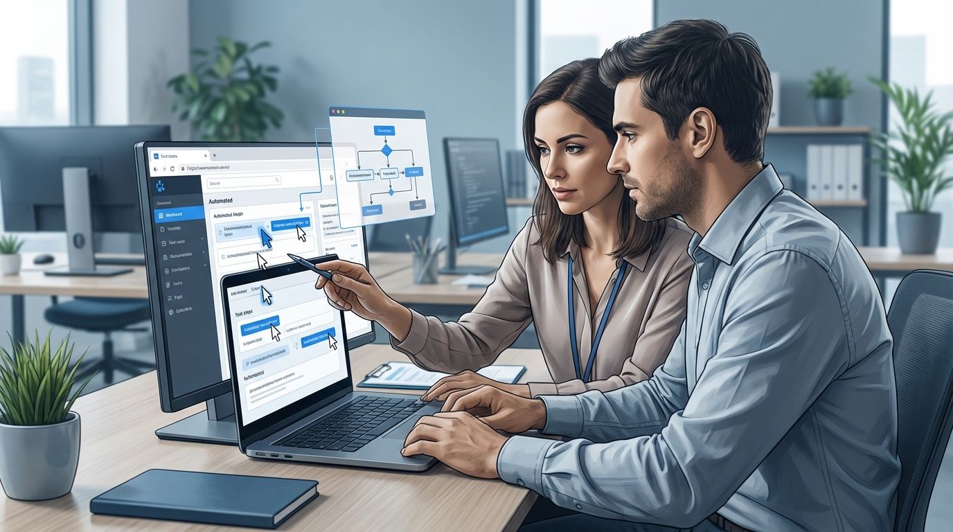 Tesztelő és fejlesztő valós AI-alapú browser tesztelést követ laptopon