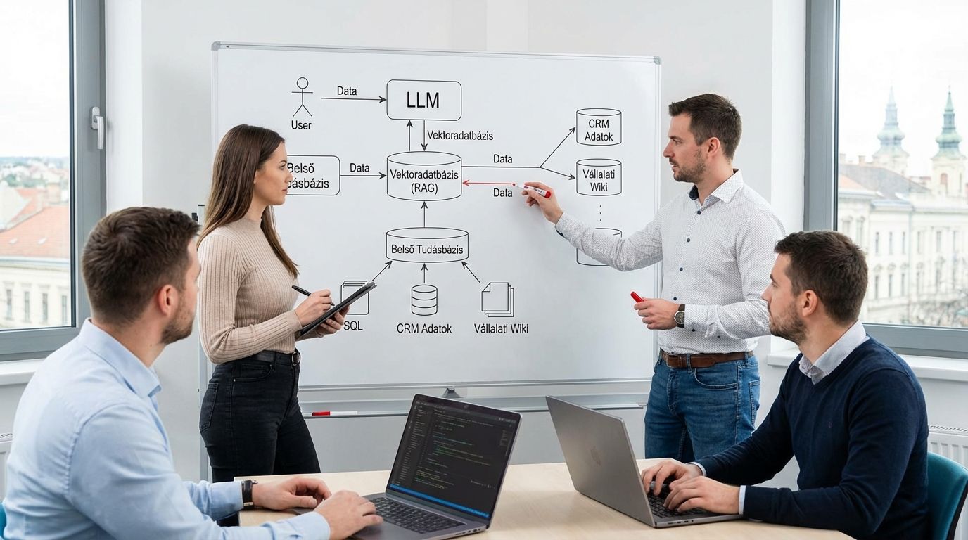 Fejlesztők RAG architektúrát rajzolnak whiteboardon