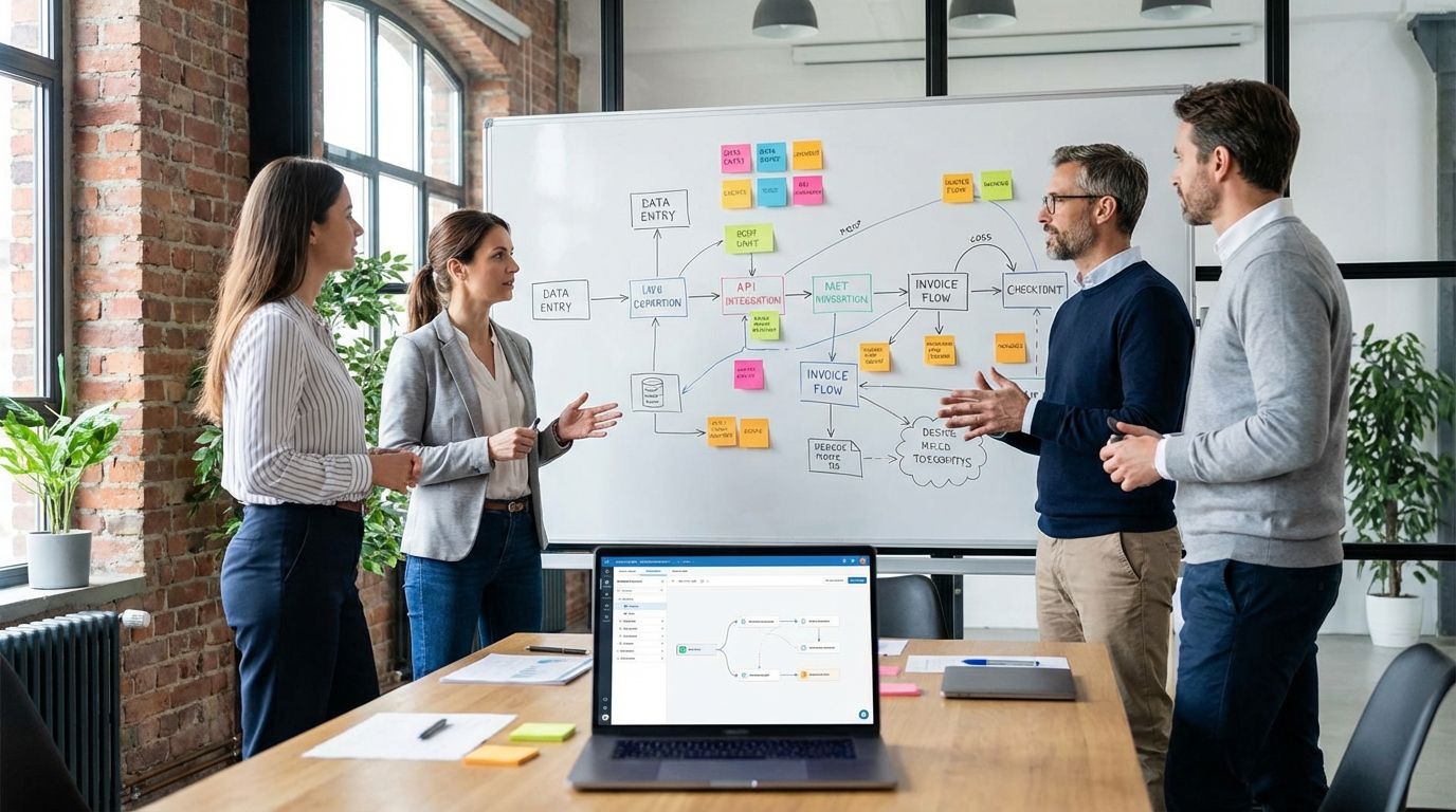 Üzleti és IT csapat közösen modellezi az automatizálható folyamatokat egy whiteboardon