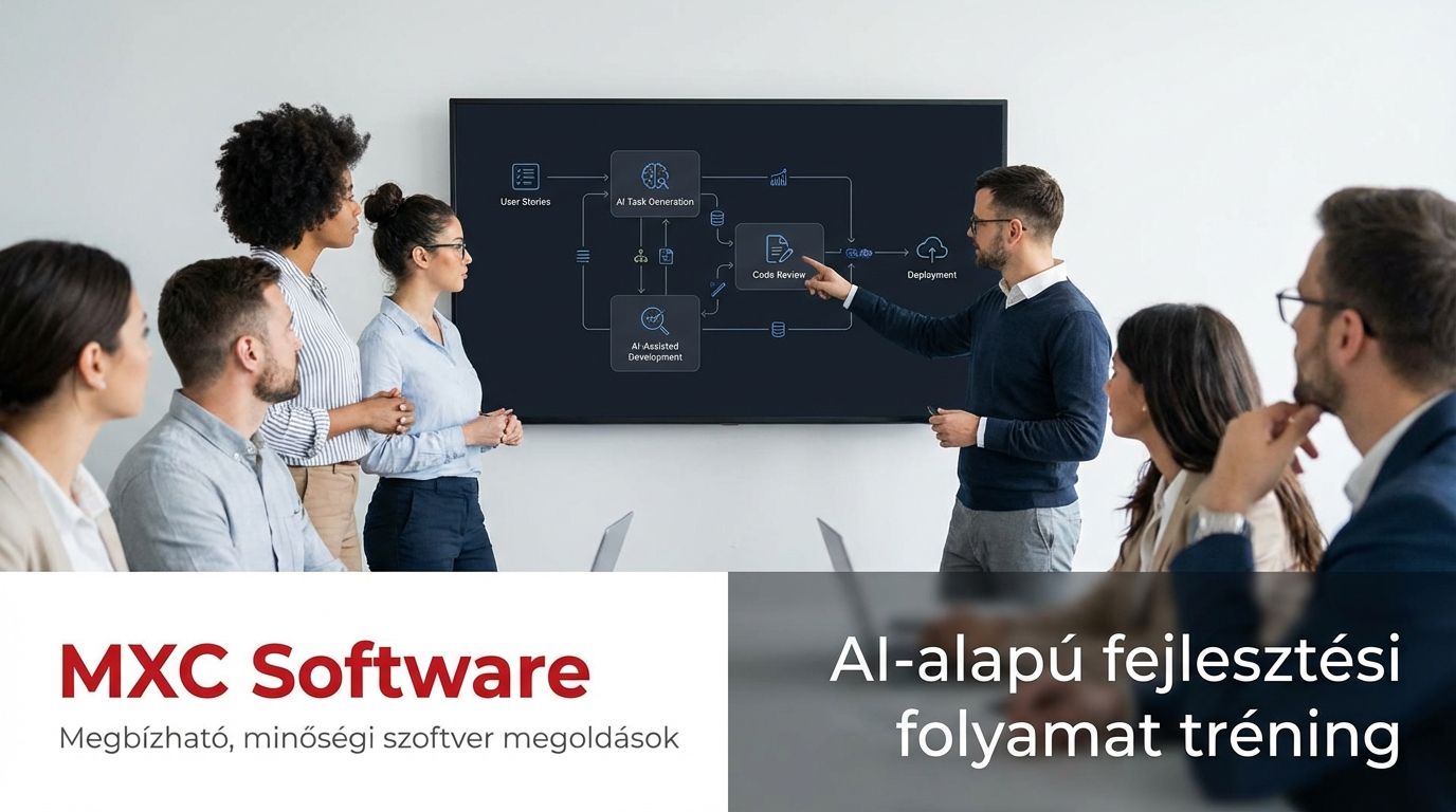 Fejlesztőcsapat AI-alapú fejlesztési folyamatot áttekintő meetingen