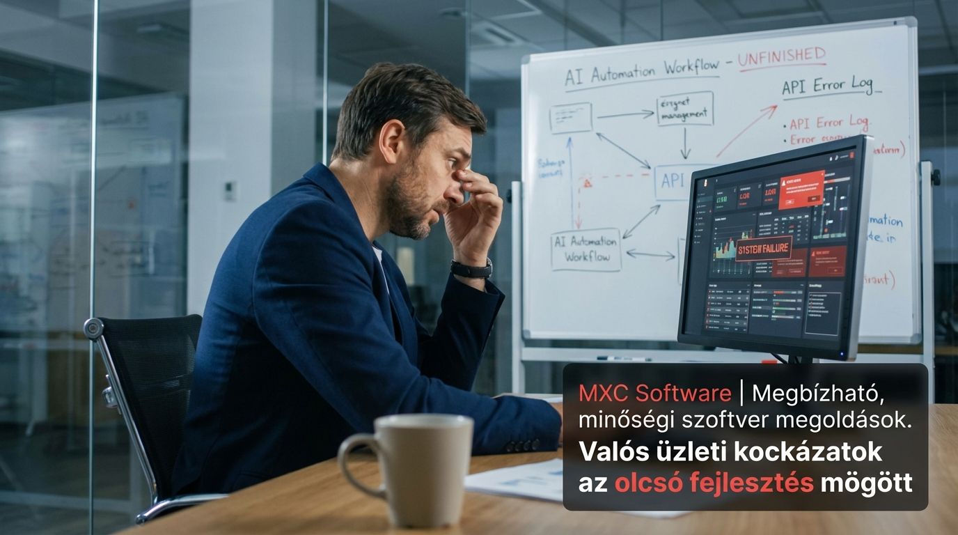 Üzleti vezető hibás dashboardot és félkész automatizációt néz a képernyőn