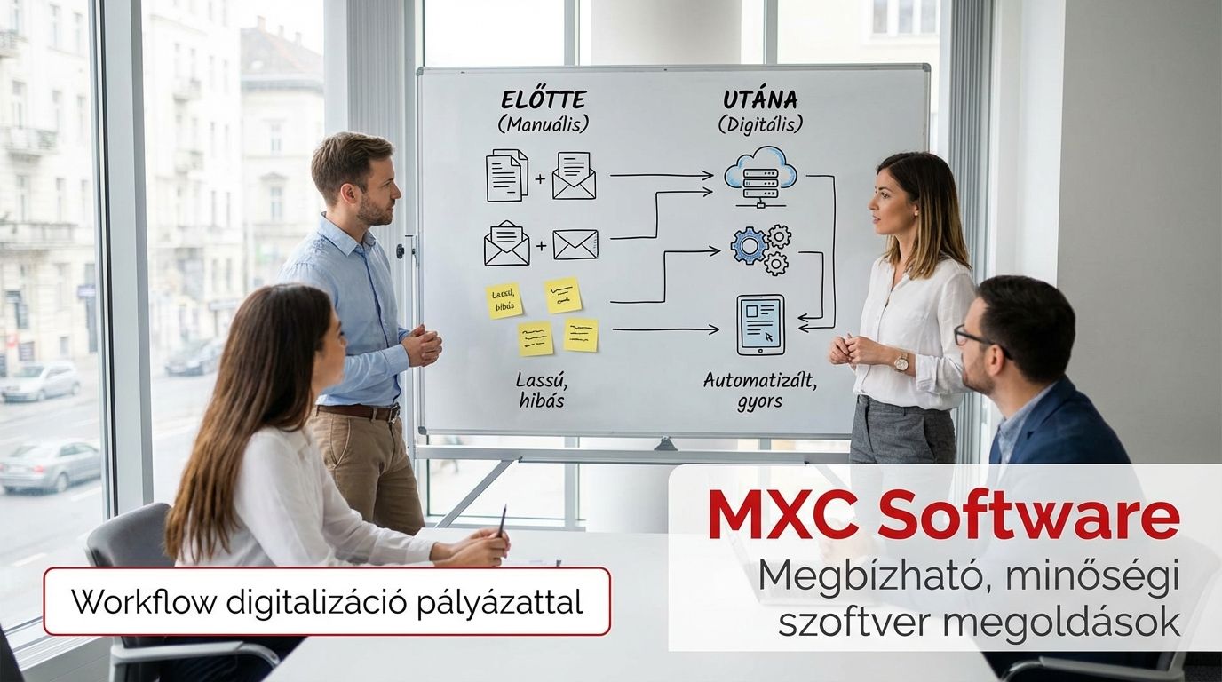 Csapat whiteboardnál üzleti workflow-t és jóváhagyási folyamatot tervez