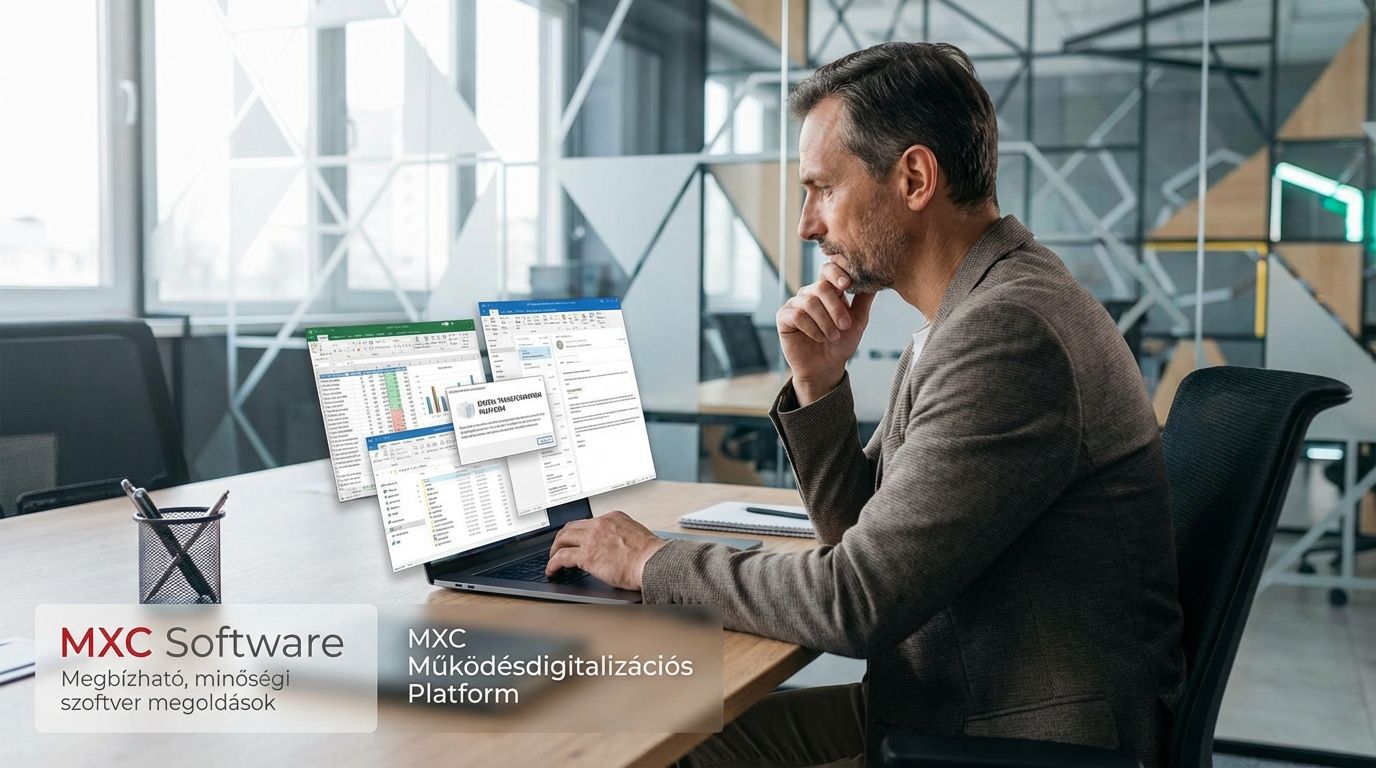 KKV cégvezető laptop előtt Excel táblákkal és e-mailekkel dolgozik, digitalizációs döntés előtt