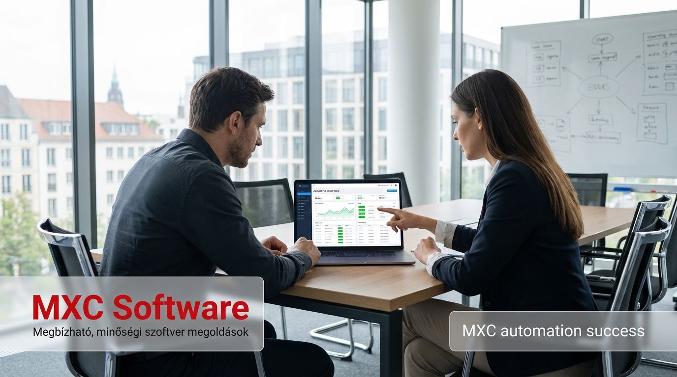 Webshop tulajdonos és IT vezető automatizált rendeléskezelő dashboardot elemeznek laptopon