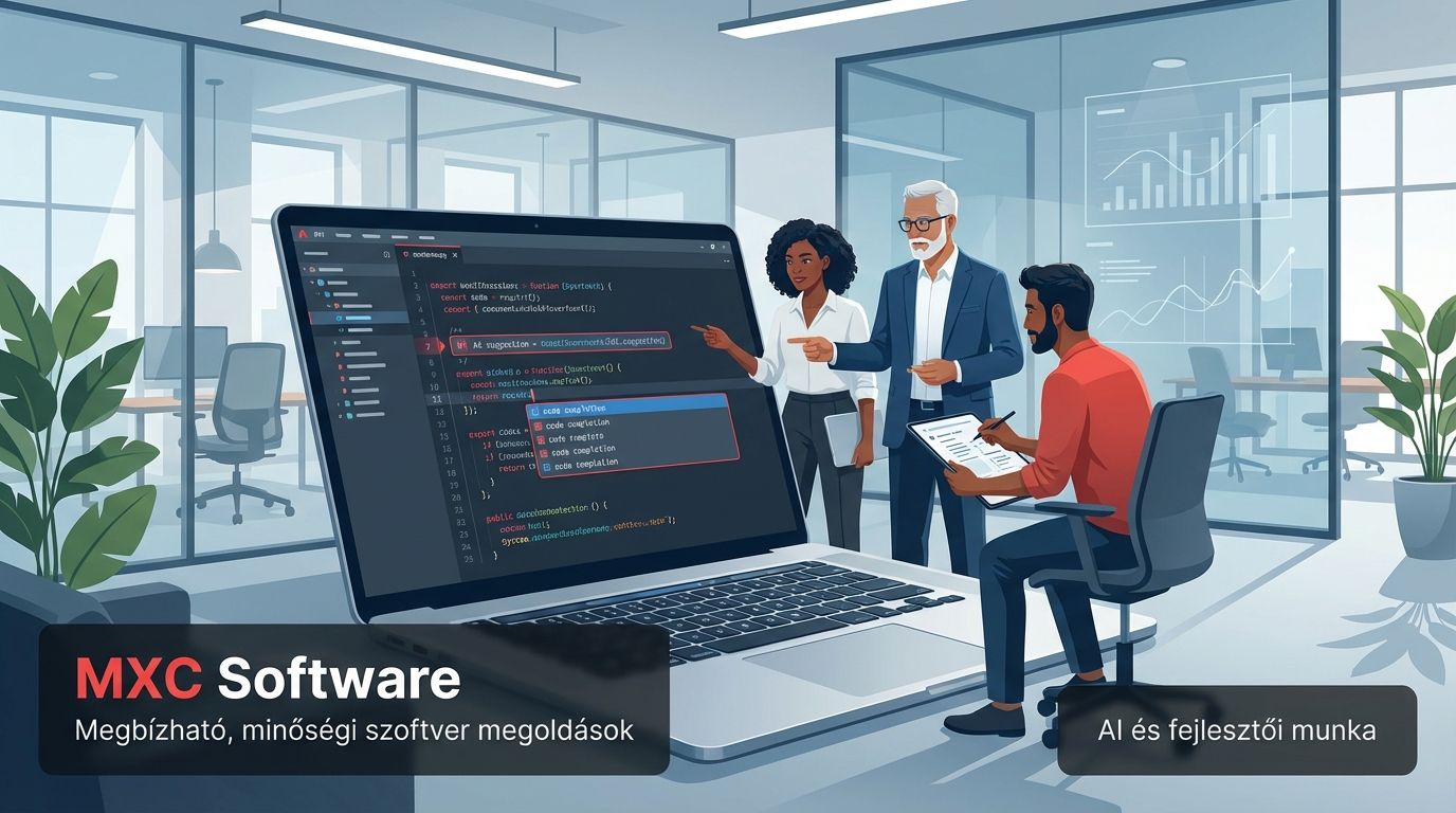 CTO és fejlesztők AI-támogatott fejlesztésről egyeztetnek egy irodában