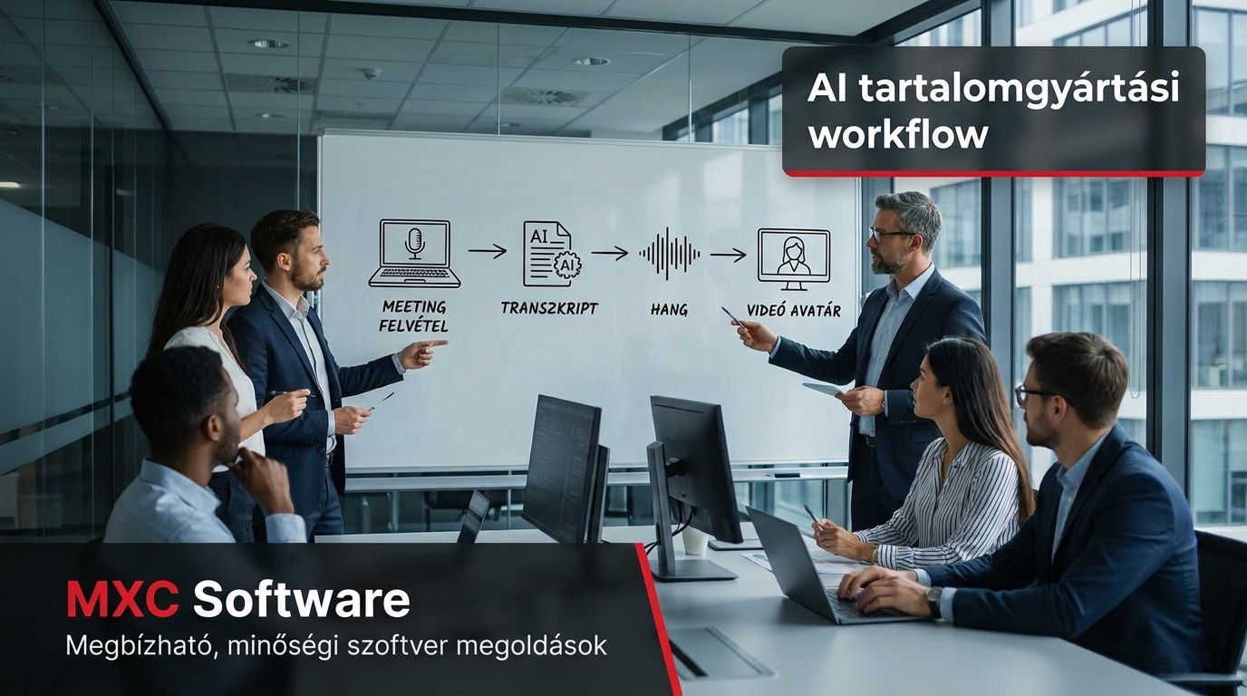 Marketing és IT csapat AI-alapú tartalomgyártási workflow-t tervez whiteboardon