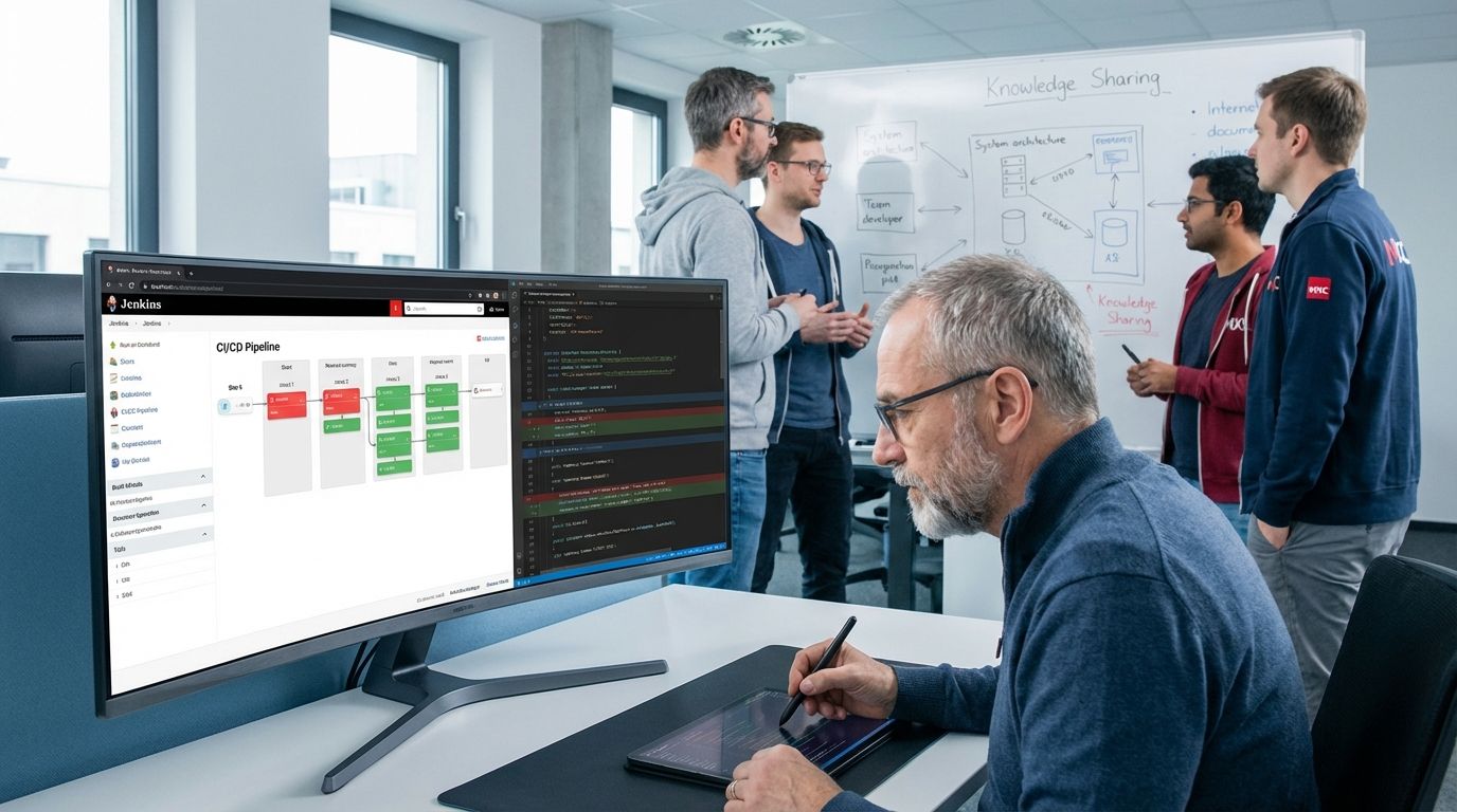 Senior fejlesztő kódreview-t végez CI/CD pipeline és dashboard nézettel