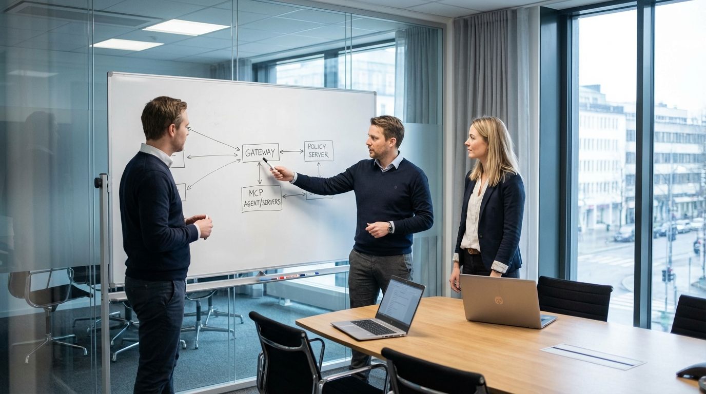 Enterprise IT csapat MCP agent architektúrát tervez whiteboardon