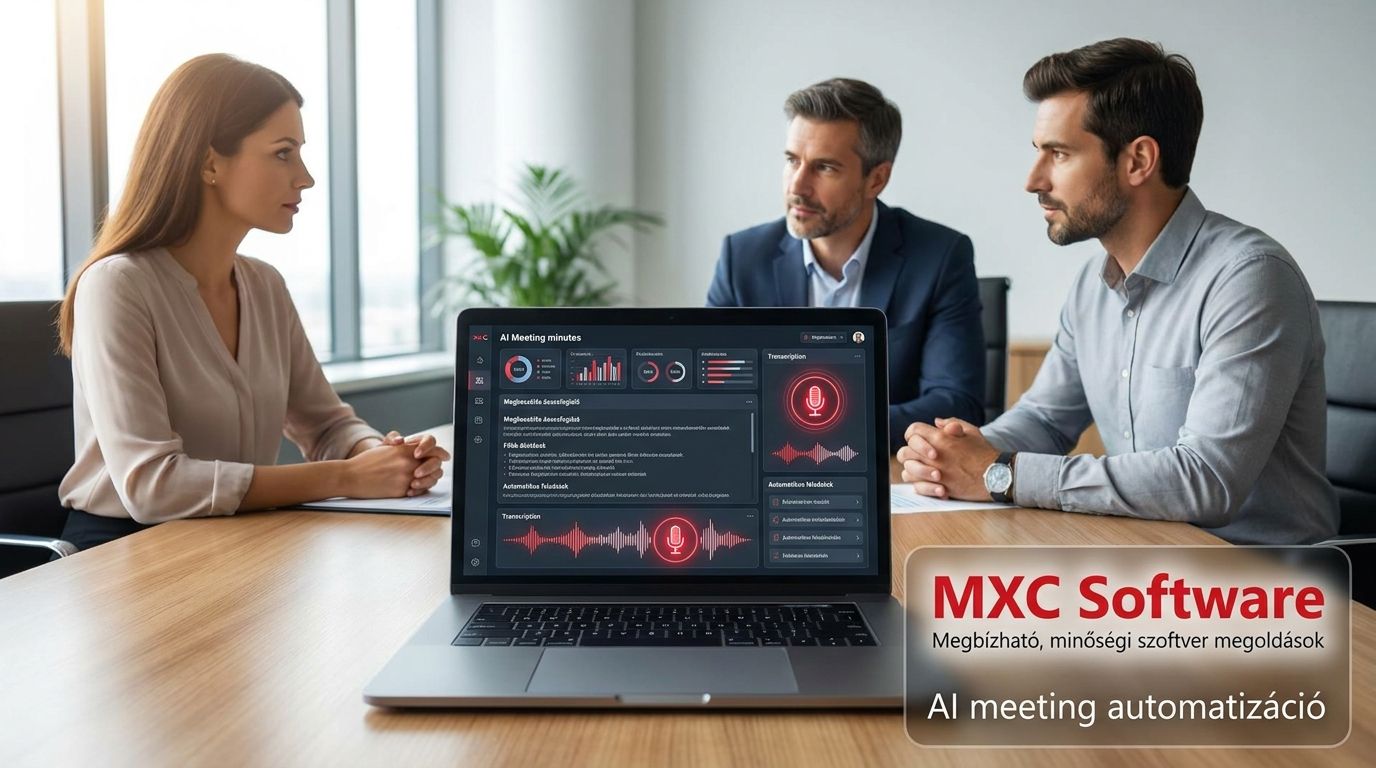 Magyar KKV vezetői értekezlet, ahol AI-alapú meeting jegyzőkönyv készül laptopon