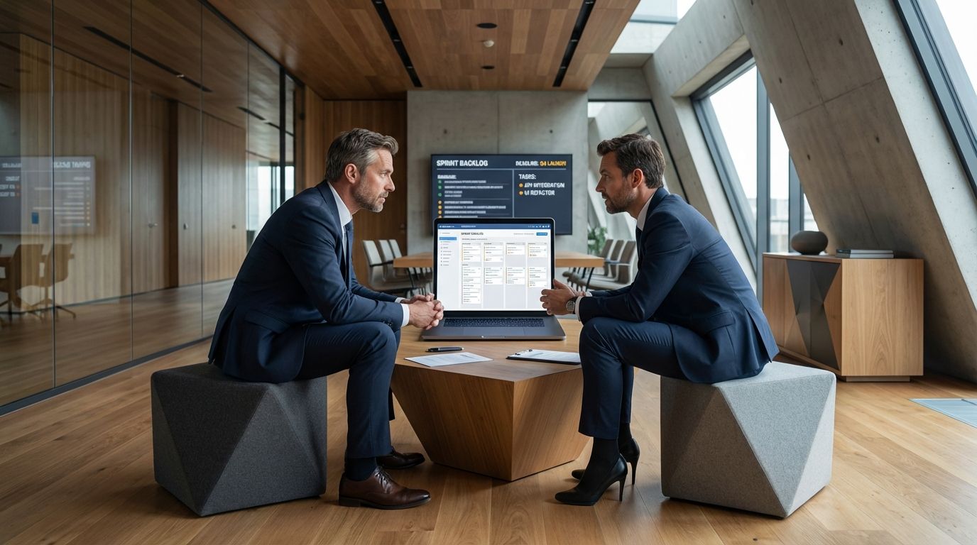 CTO és projektvezető nagy projekt indulását egyezteti sprint backloggal egy tárgyalóban