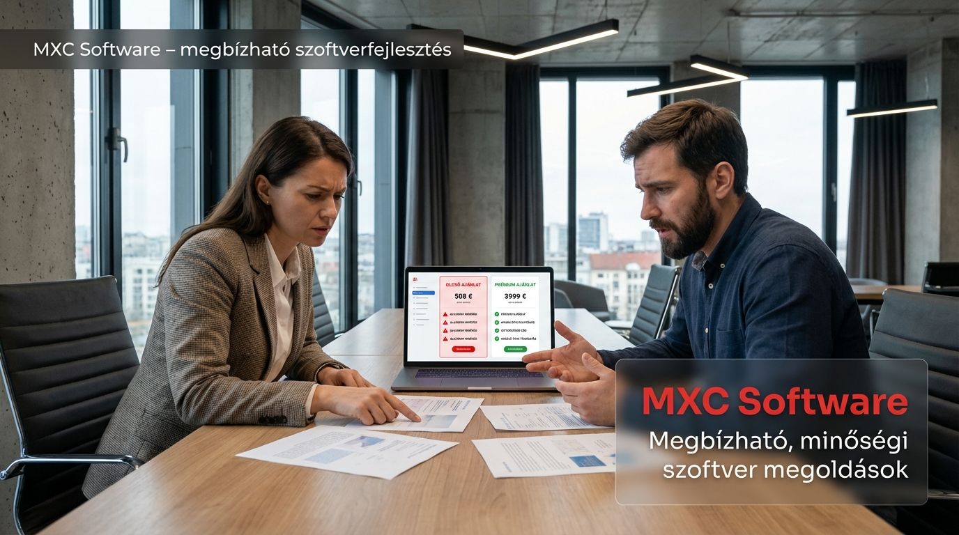 Cégvezetők két szoftverfejlesztési ajánlatot hasonlítanak össze egy meeting során