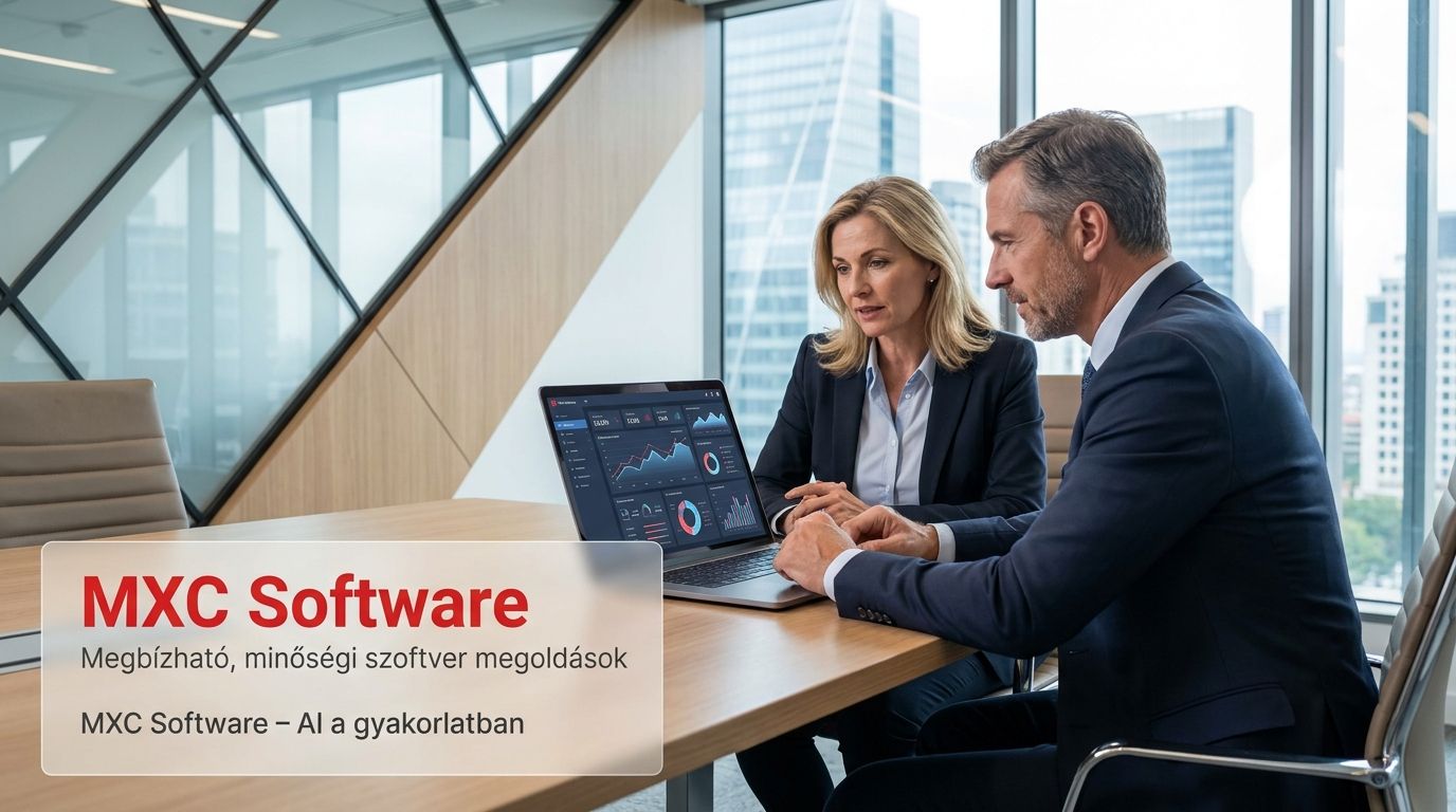 Magyar KKV ügyvezető és CTO AI-alapú üzleti dashboard előtt döntési helyzetben