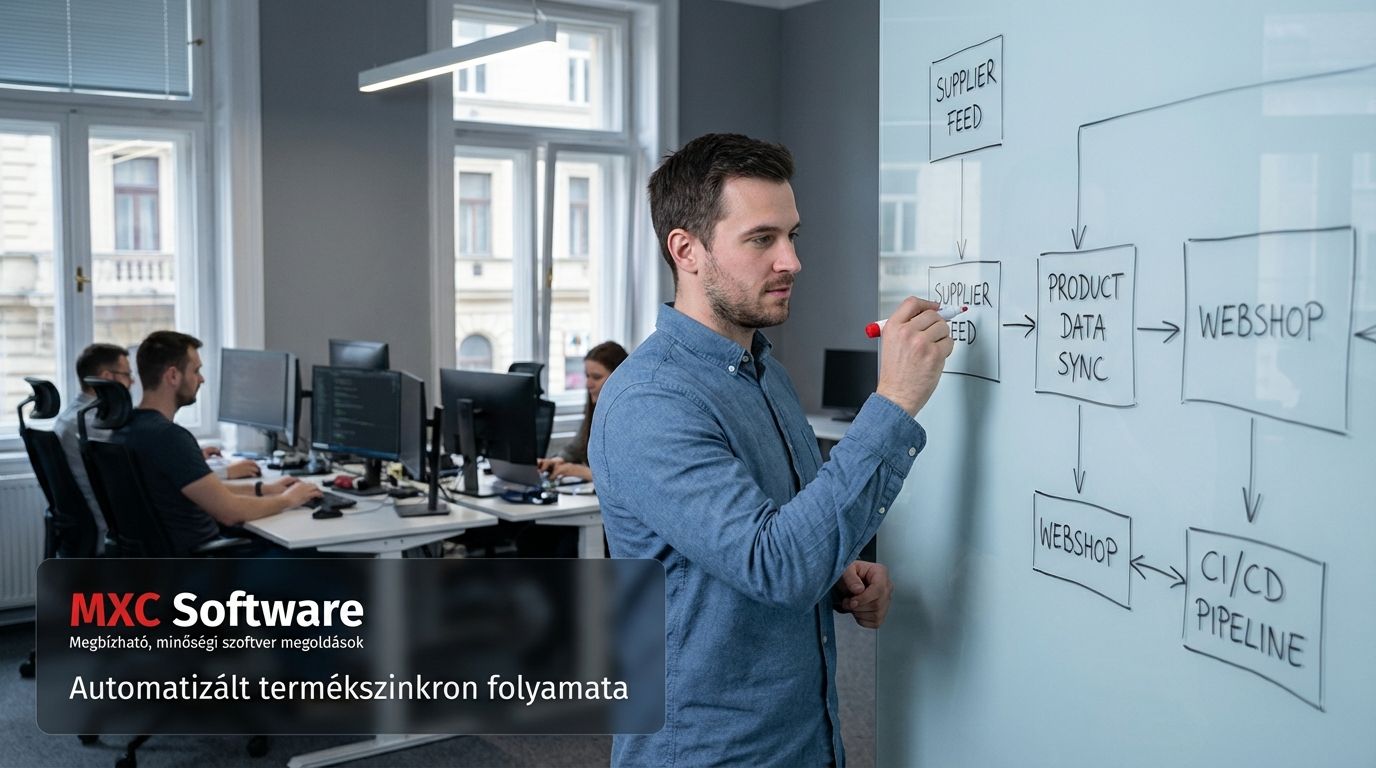 Fejlesztő automatizált termékszinkron folyamatot rajzol whiteboardra