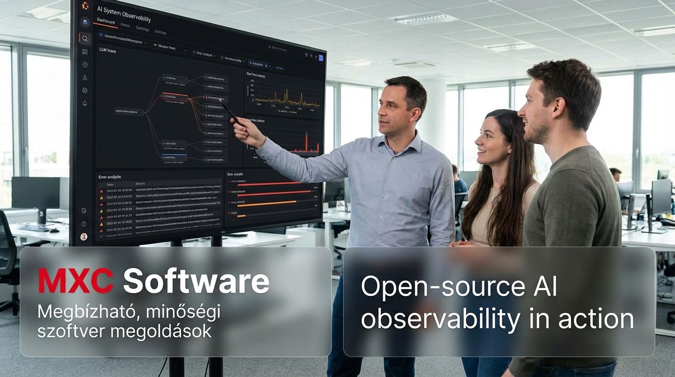 CTO és IT vezetők AI observability dashboardot elemeznek egy döntési helyzetben