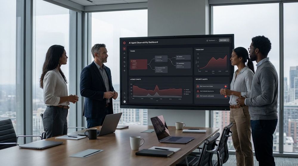 CTO és SRE csapat AI agent observability dashboardot elemez, trace-ekkel és költségmutatókkal