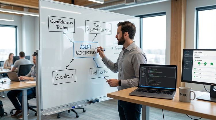 Fejlesztő whiteboardon agent referencia architektúrát rajzol OpenTelemetry tracinggel